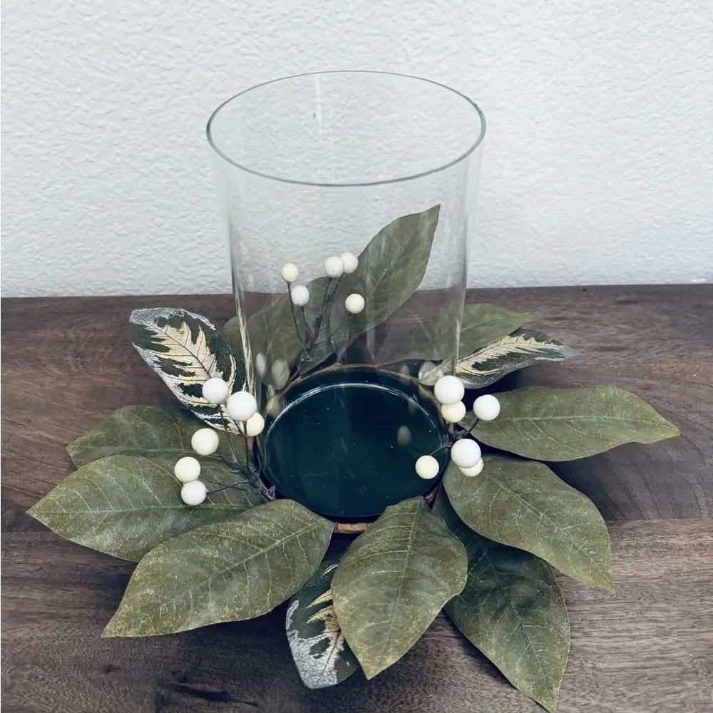 Green Wreath Holiday Berries Pillar Candle Holder